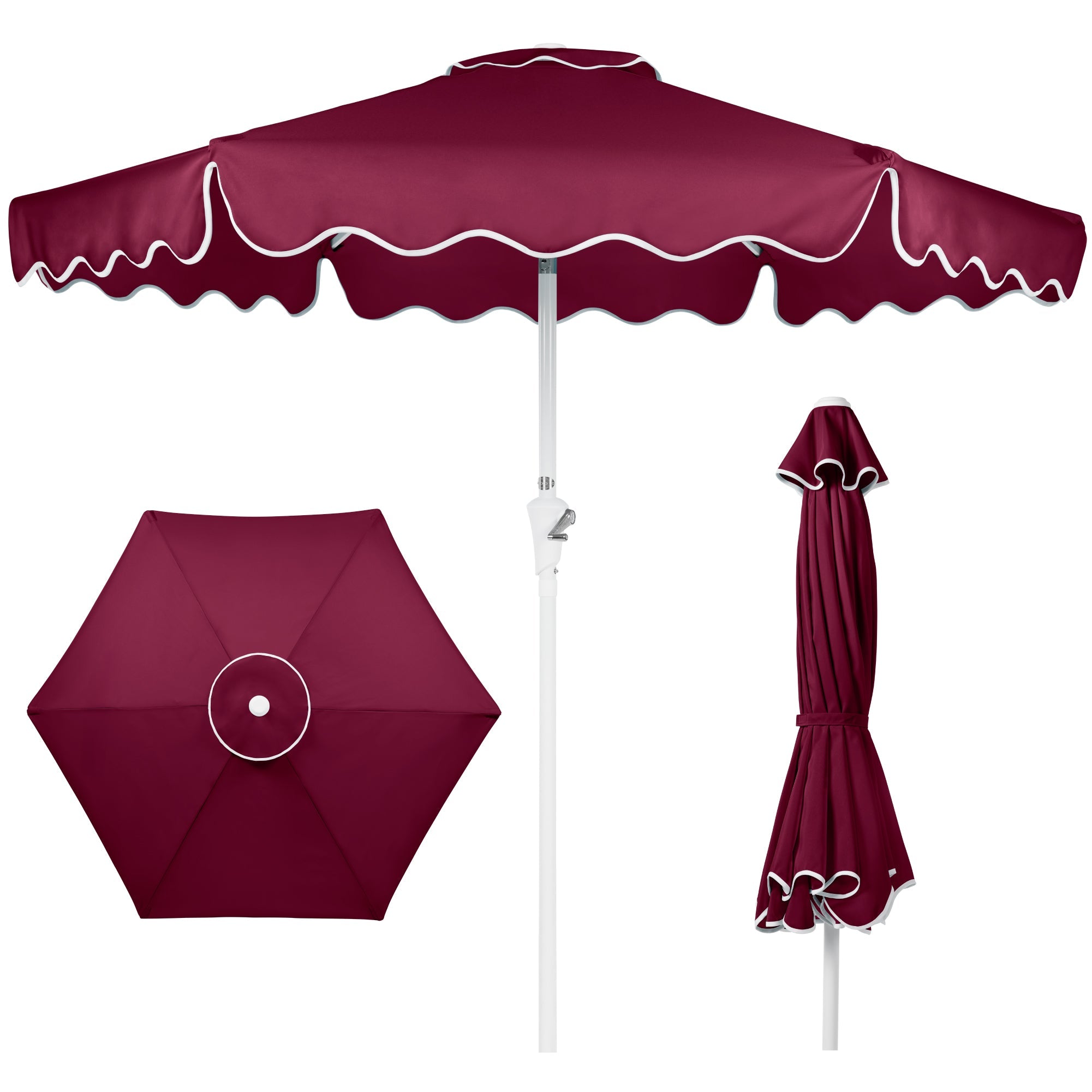 7.5ft Patio Market Umbrella,Wavy Trim, UV-Fade-Resistant, Crank & Tilt - Burgundy