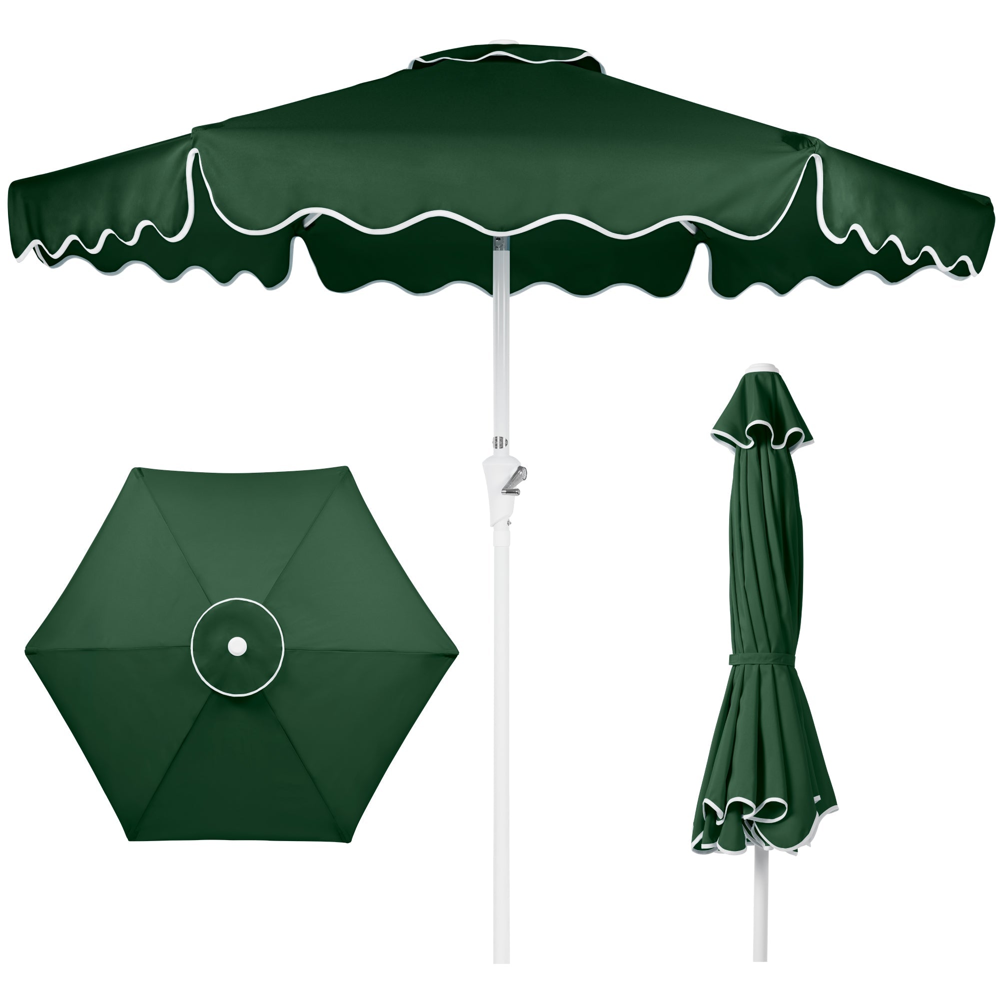 7.5ft Patio Market Umbrella,Wavy Trim, UV-Fade-Resistant, Crank & Tilt - Green