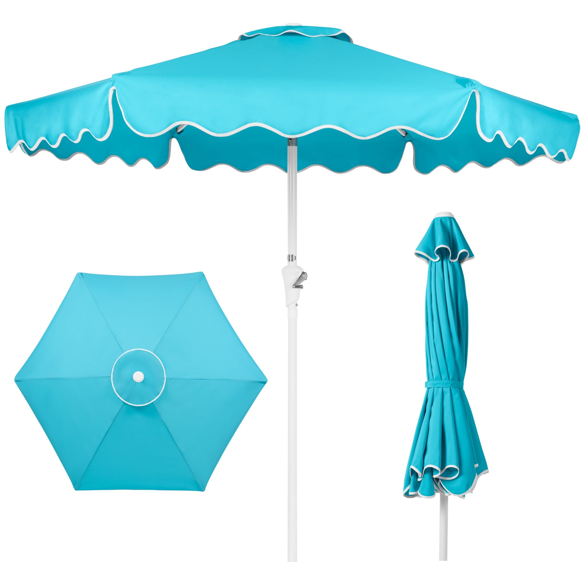7.5ft Patio Market Umbrella,Wavy Trim, UV-Fade-Resistant, Crank & Tilt - Sky Blue