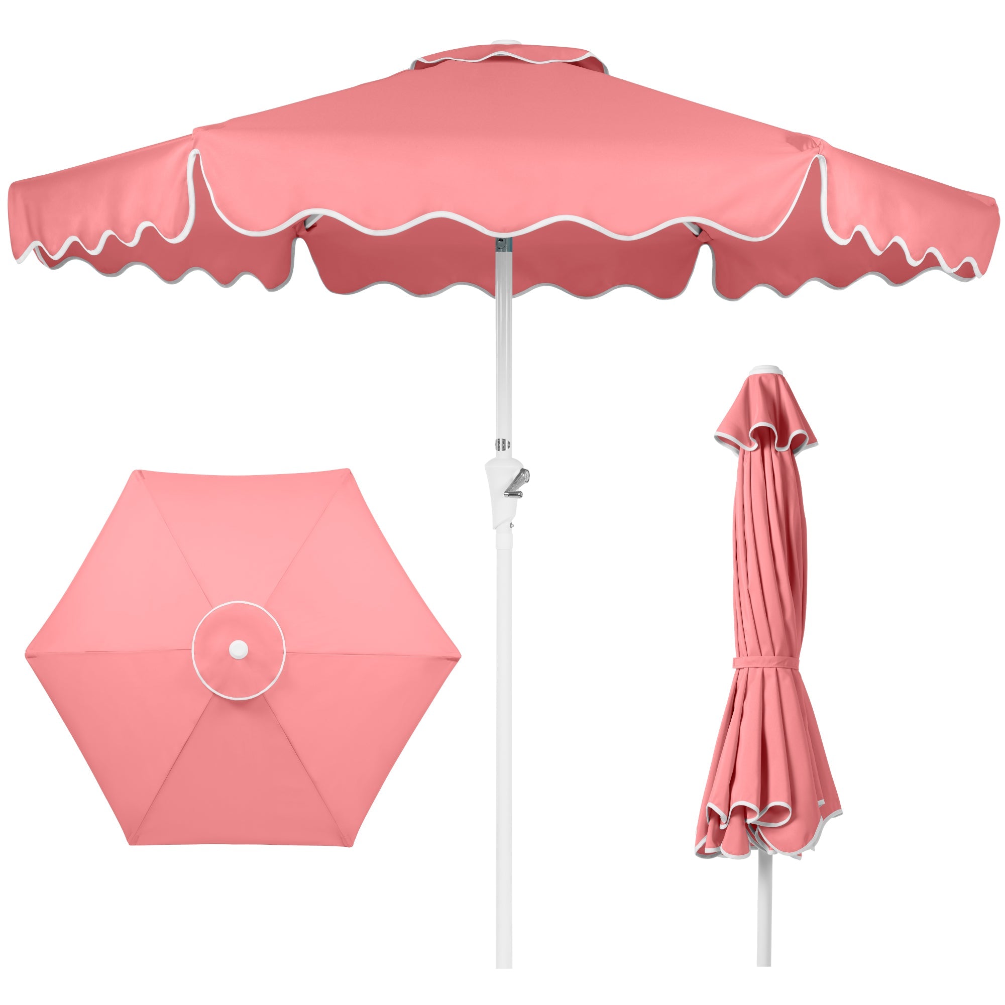 7.5ft Patio Market Umbrella,Wavy Trim, UV-Fade-Resistant, Crank & Tilt - Flamingo Pink