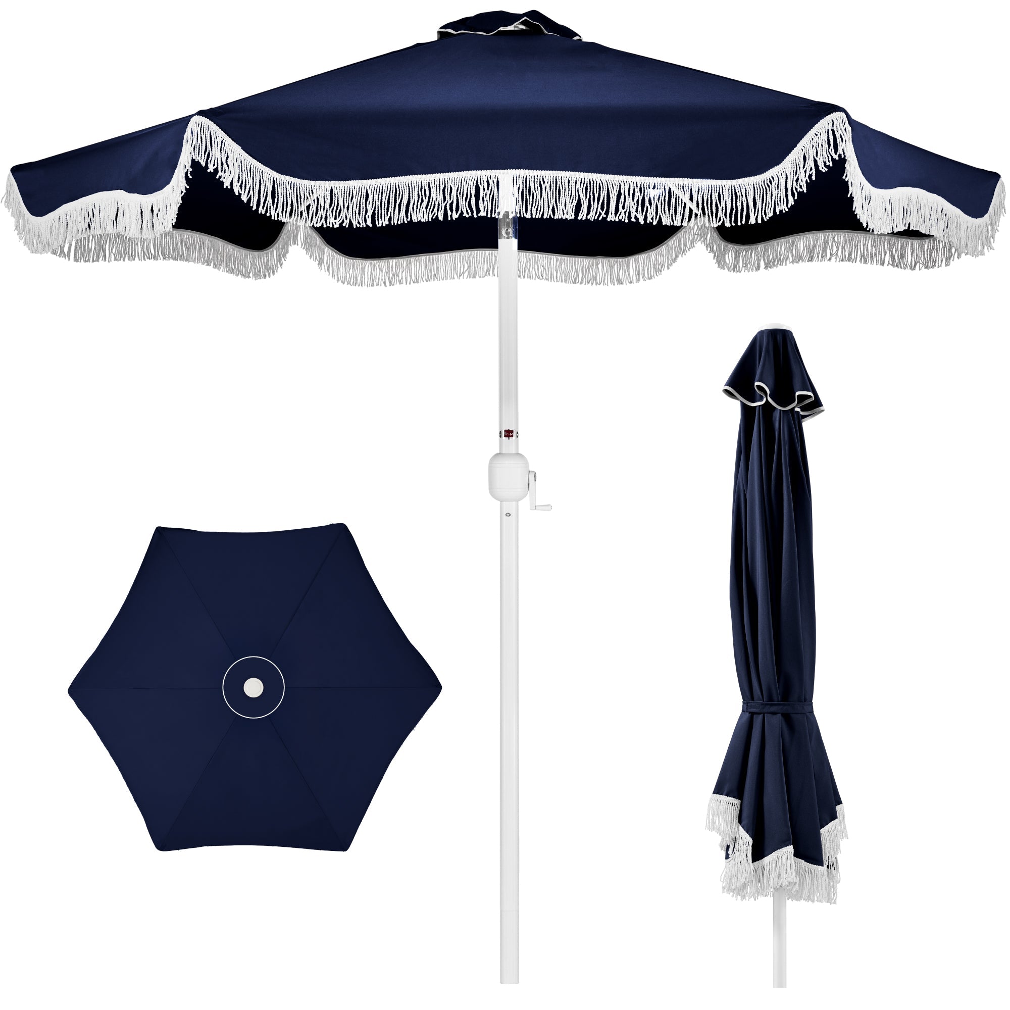 9ft Boho Fringe Umbrella  Tilt, UPF50+, Steel Pole - Navy Blue