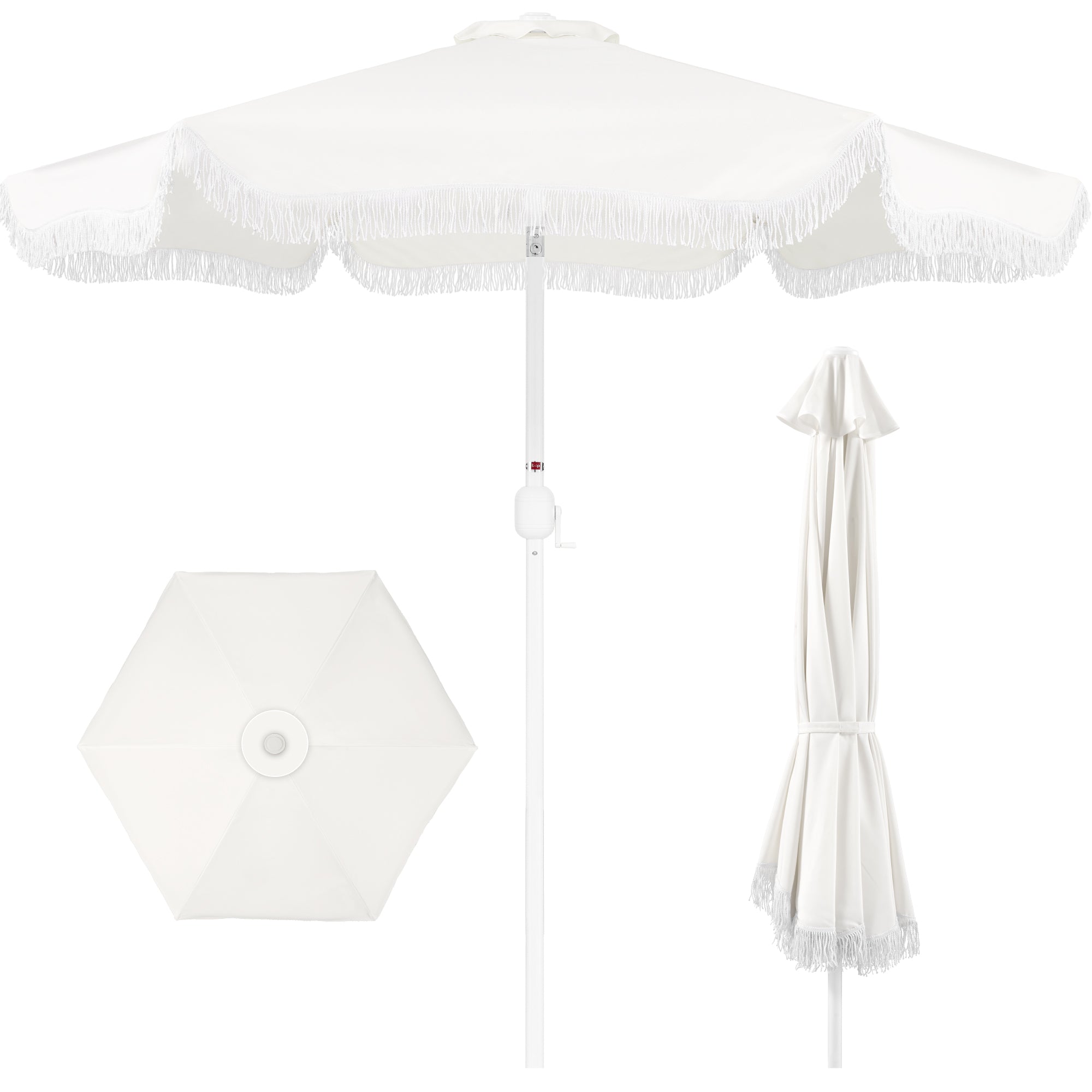 9ft Boho Fringe Umbrella  Tilt, UPF50+, Steel Pole - White