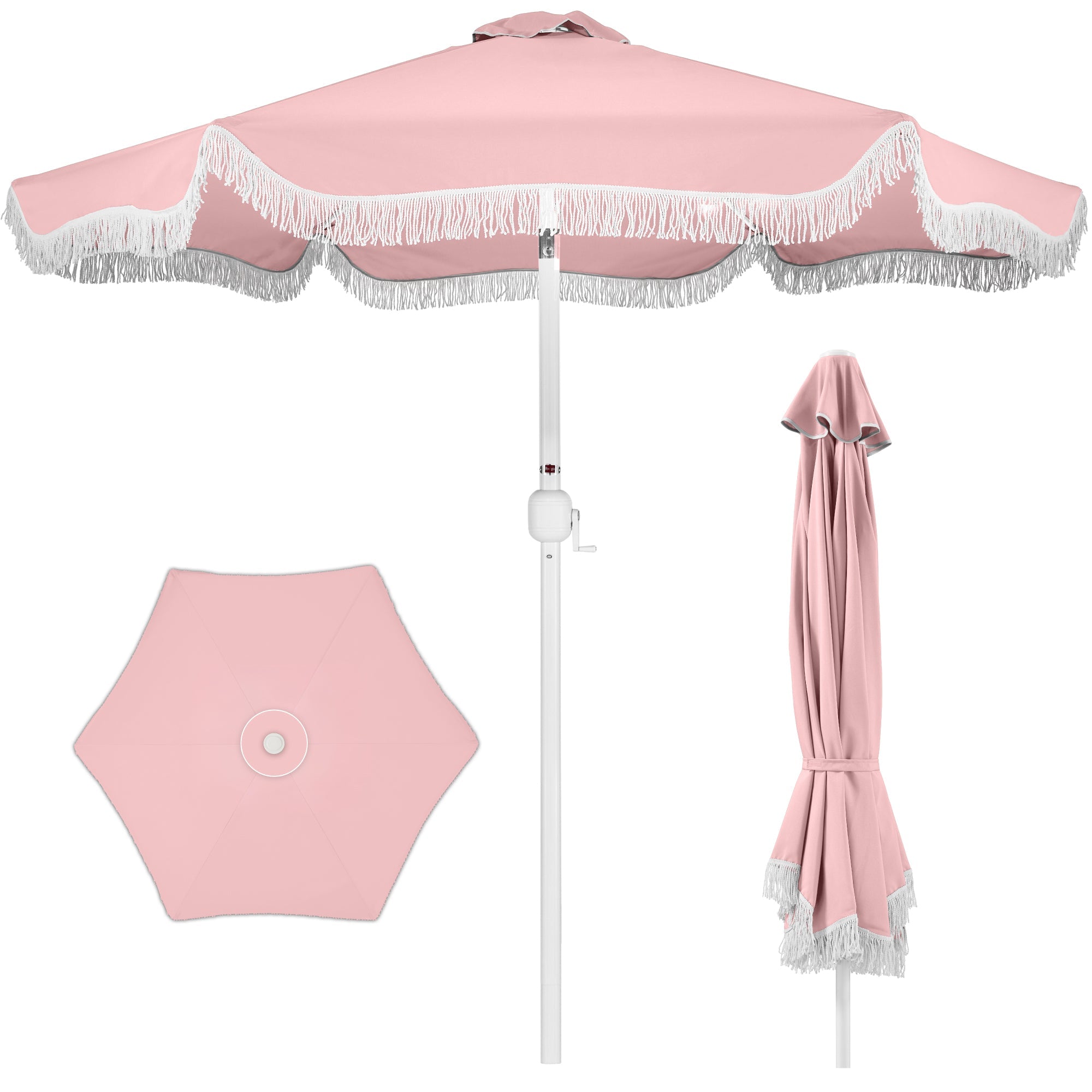 9ft Boho Fringe Umbrella  Tilt, UPF50+, Steel Pole - Pink