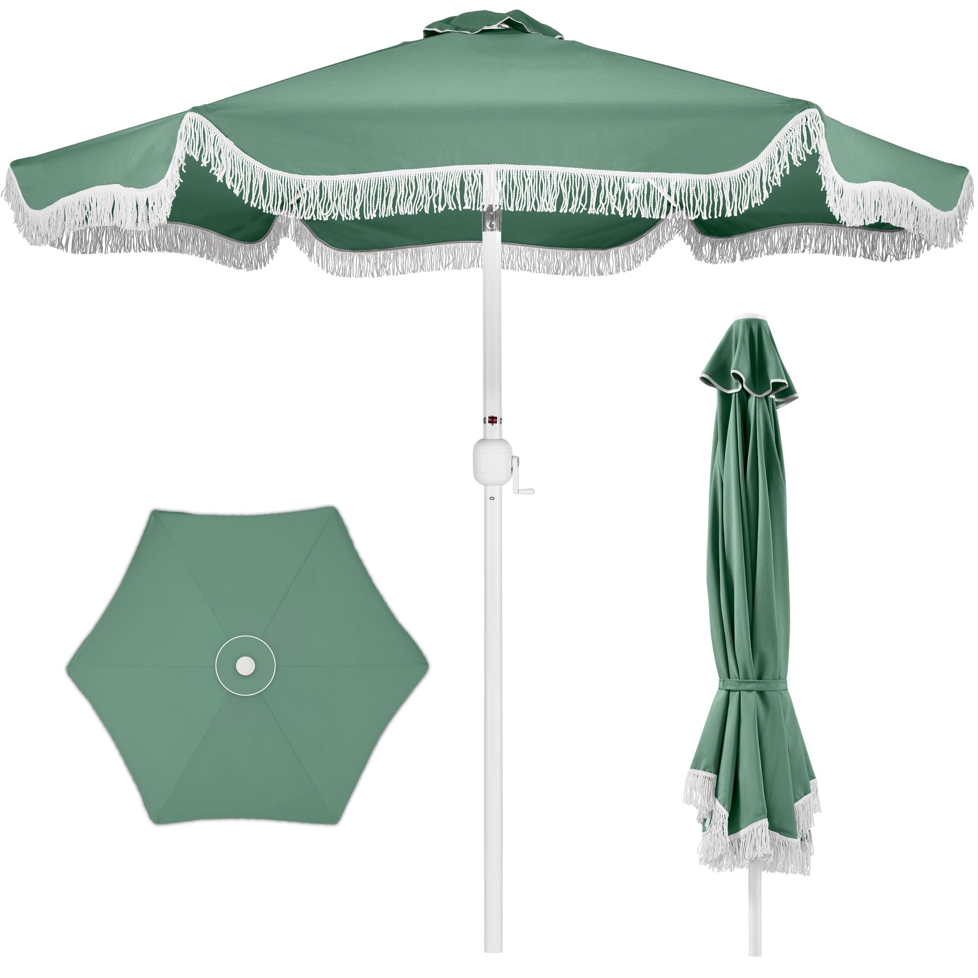 9ft Boho Fringe Umbrella  Tilt, UPF50+, Steel Pole - Seaglass Green