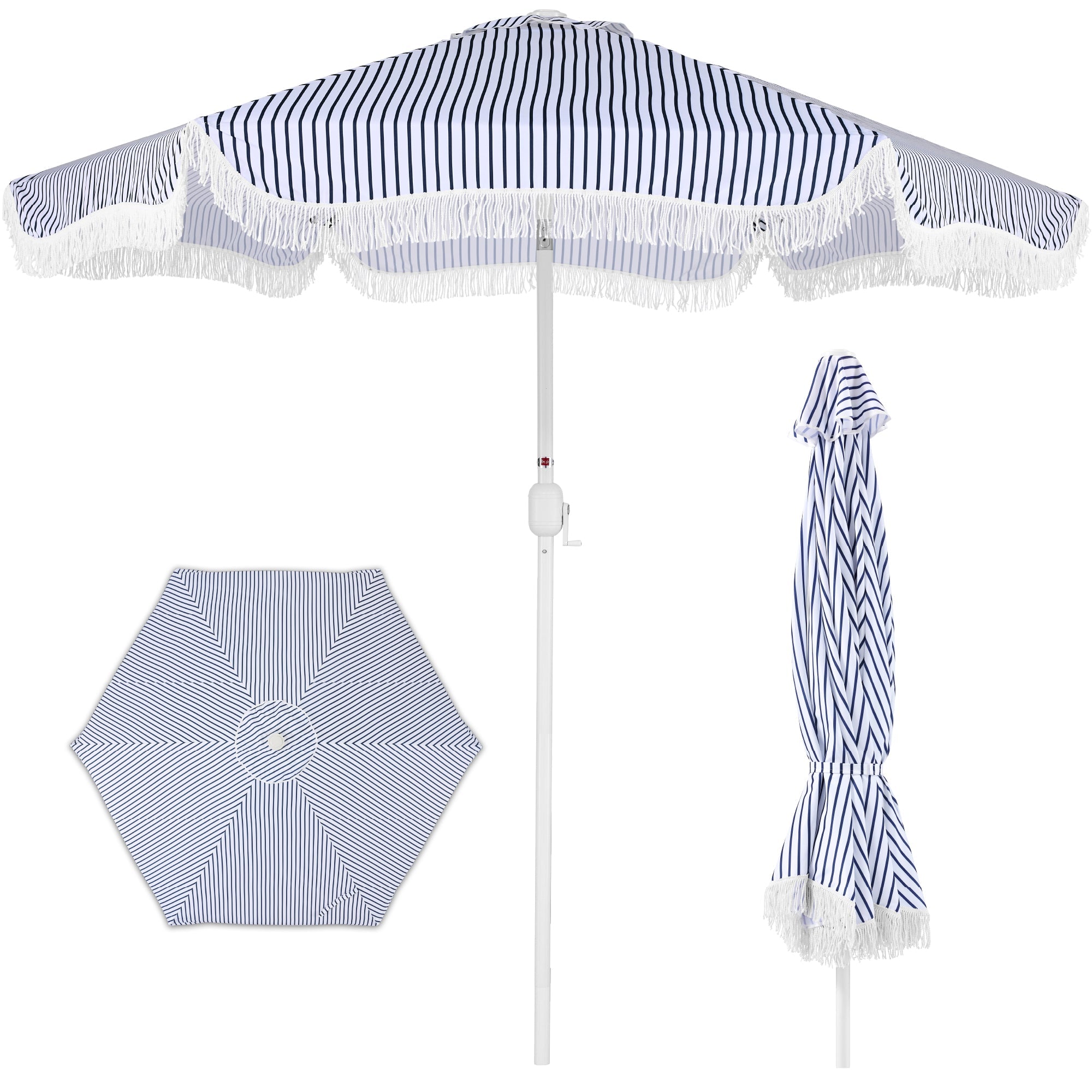 9ft Boho Fringe Umbrella  Tilt, UPF50+, Steel Pole - Navy Pinstripe