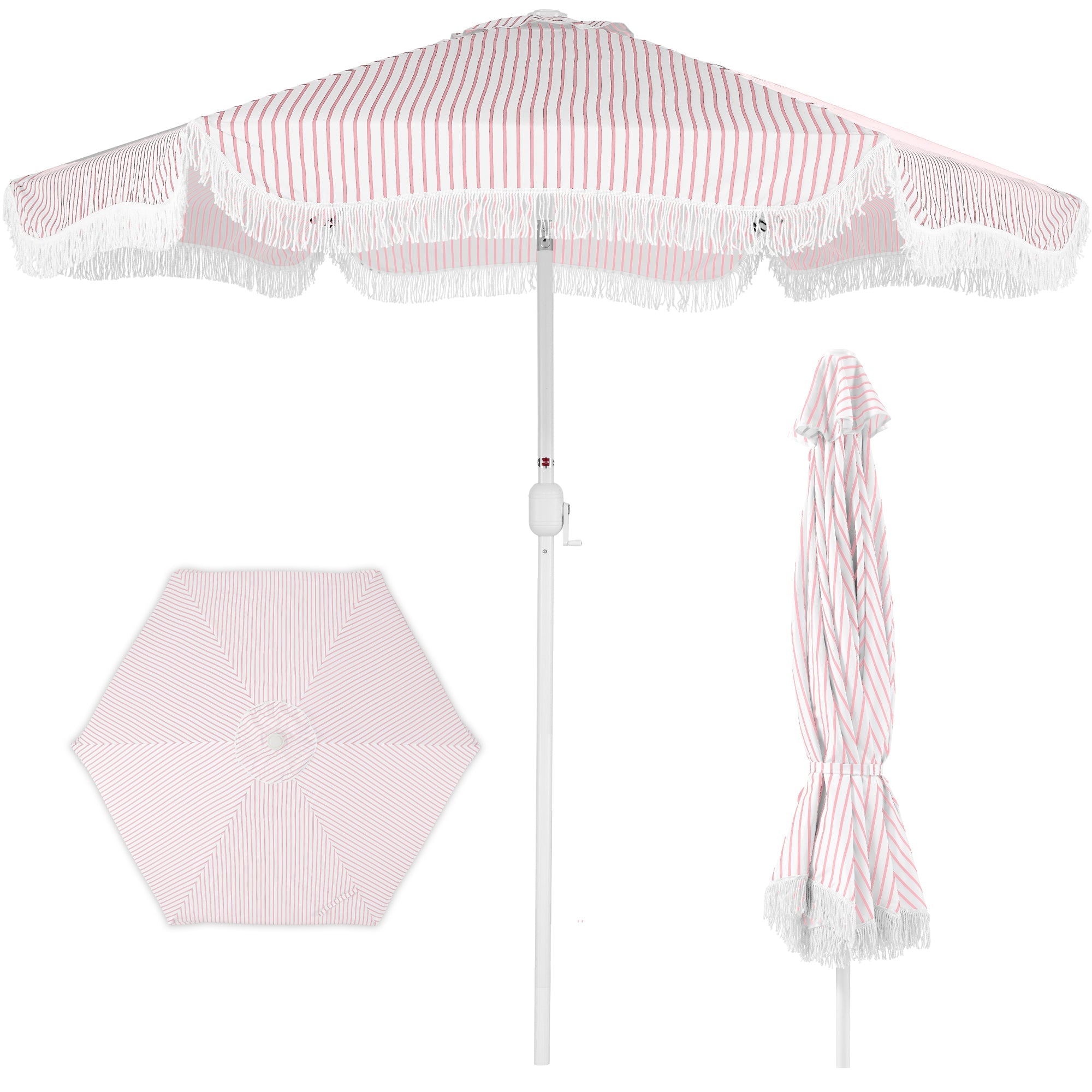 9ft Boho Fringe Umbrella  Tilt, UPF50+, Steel Pole - Pink Pinstripe