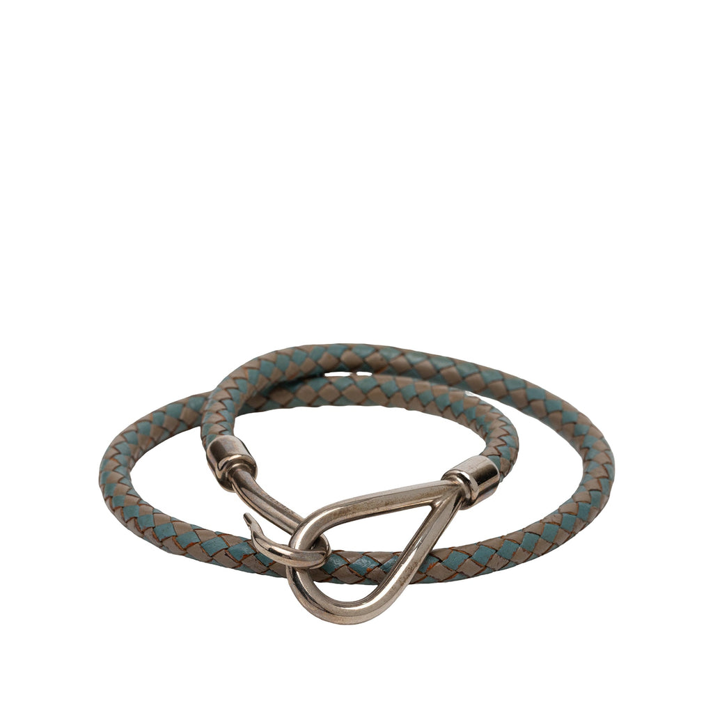 Palladium Plated and Woven Leather Jumbo Hook Double Tour Bracelet