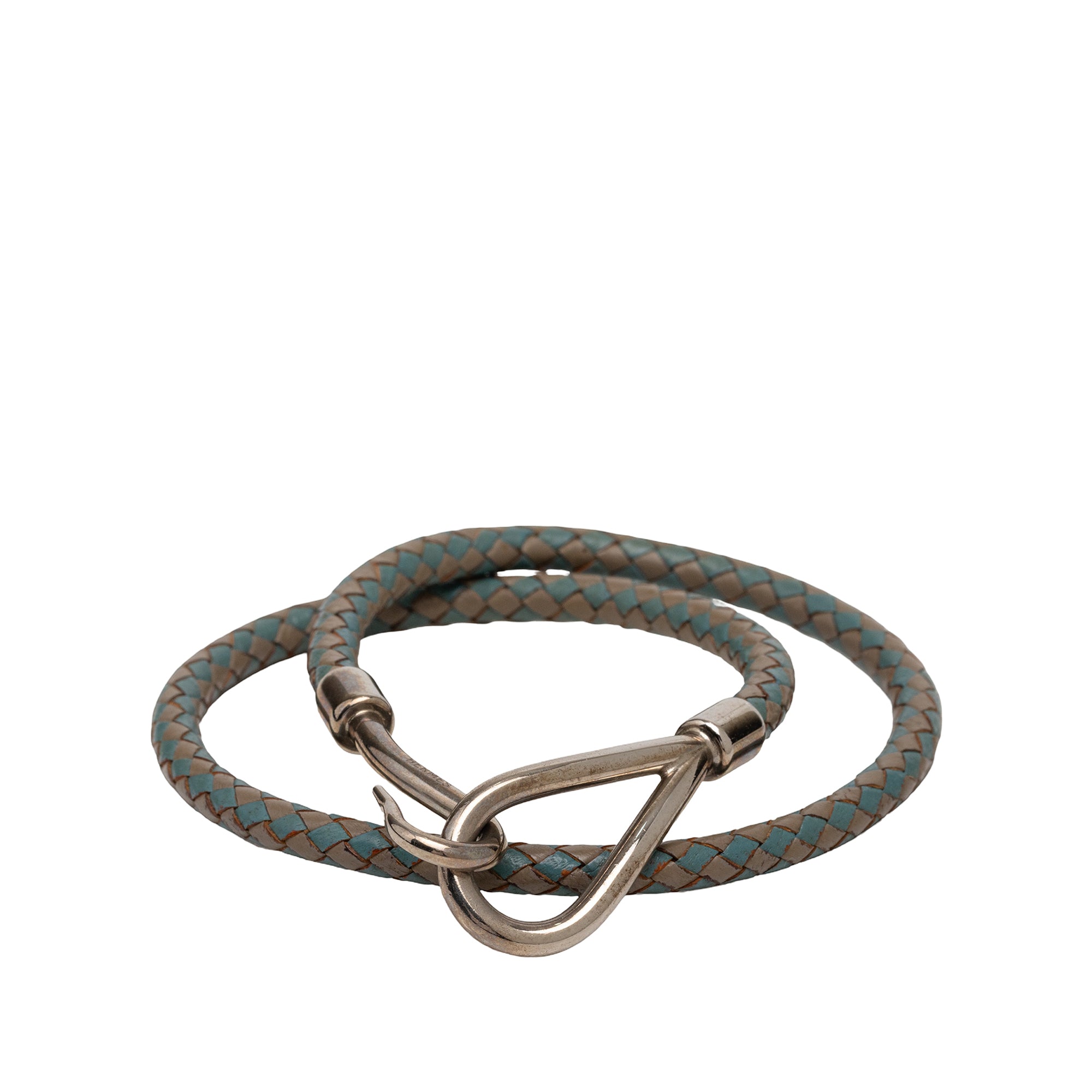 Palladium Plated and Woven Leather Jumbo Hook Double Tour Bracelet