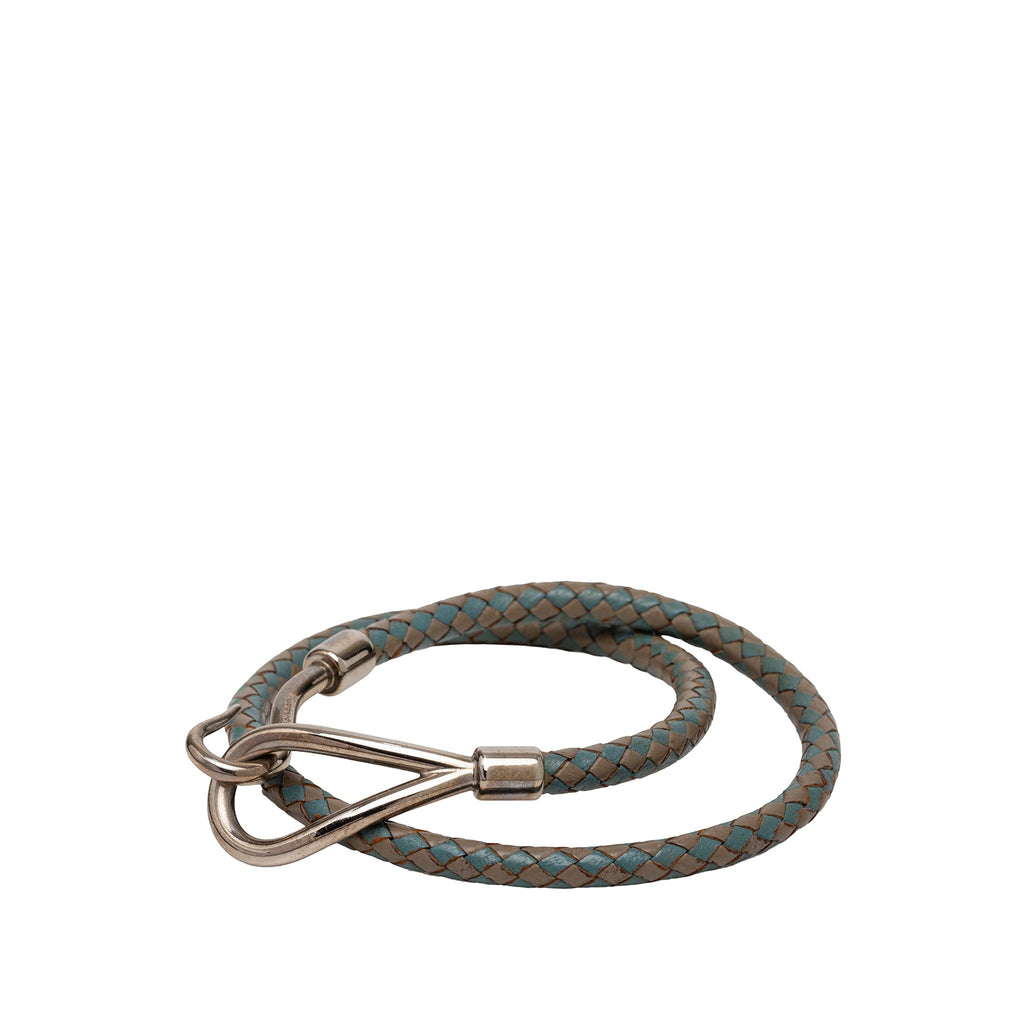 Palladium Plated and Woven Leather Jumbo Hook Double Tour Bracelet