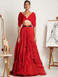 Ruby-Red Celestial Asymmetrical Lehenga With Ruched Tassel Blouse By KYNAH, Luxury Indian Fashion & Bridal Wear