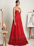 Vermilliion Botanique Lehenga With Embellished Bodysuit And Floral Applique Dupatta By KYNAH, Luxury Indian Fashion & Bridal Wear