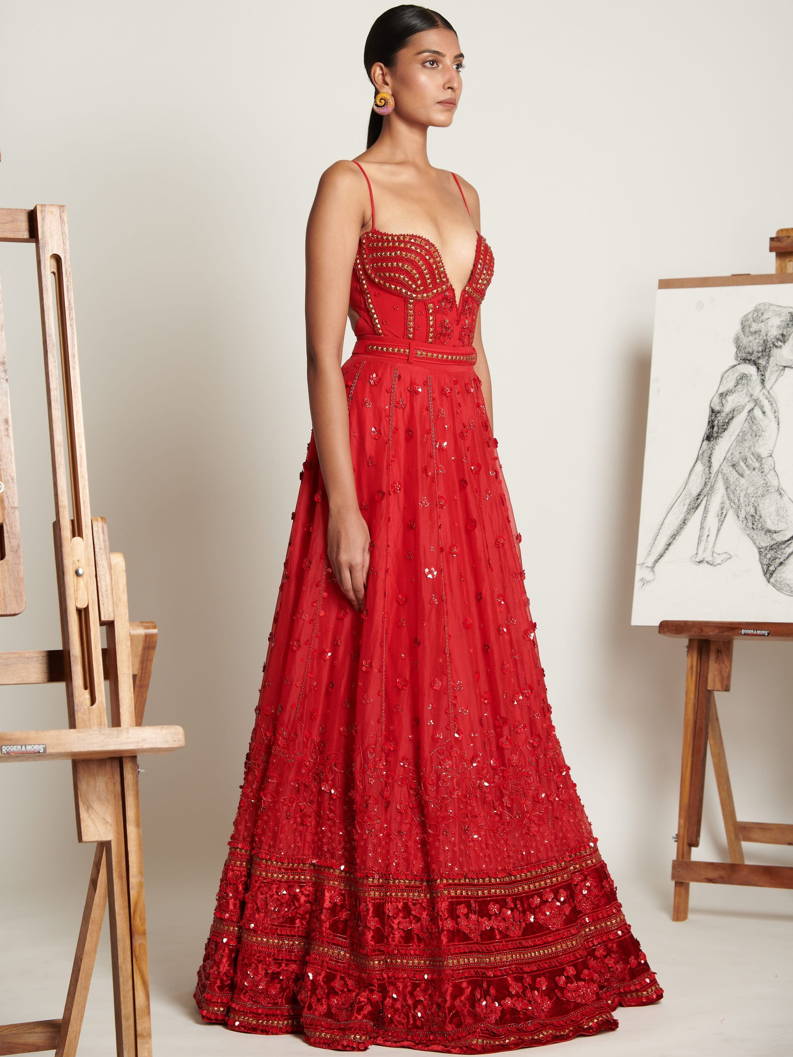 Vermilliion Botanique Lehenga With Embellished Bodysuit And Floral Applique Dupatta By KYNAH, Luxury Indian Fashion & Bridal Wear