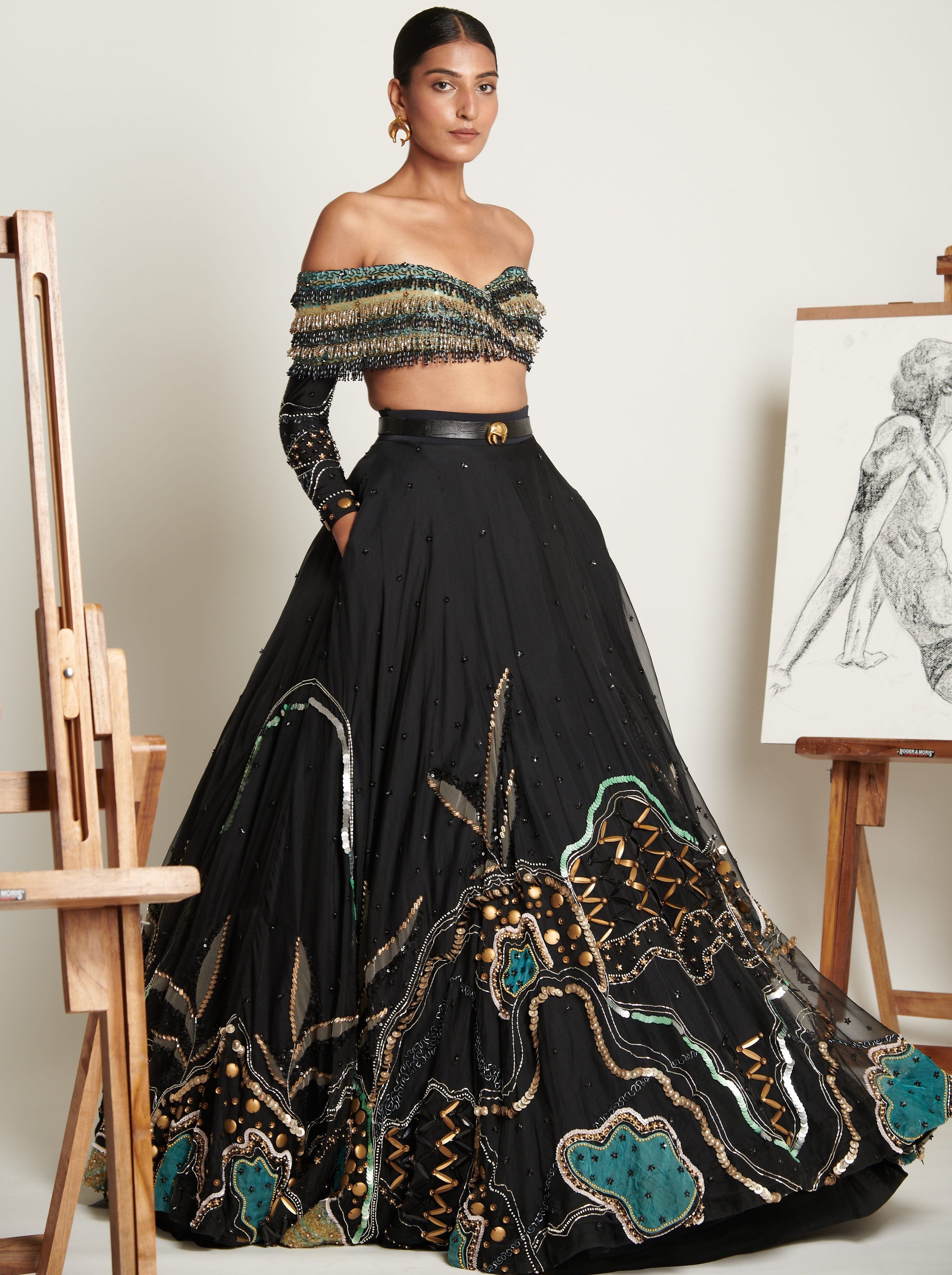 Noir Swirlscent Encrusted Lehenga With Cascading Glass Beads Blouse By KYNAH, Luxury Indian Fashion & Bridal Wear