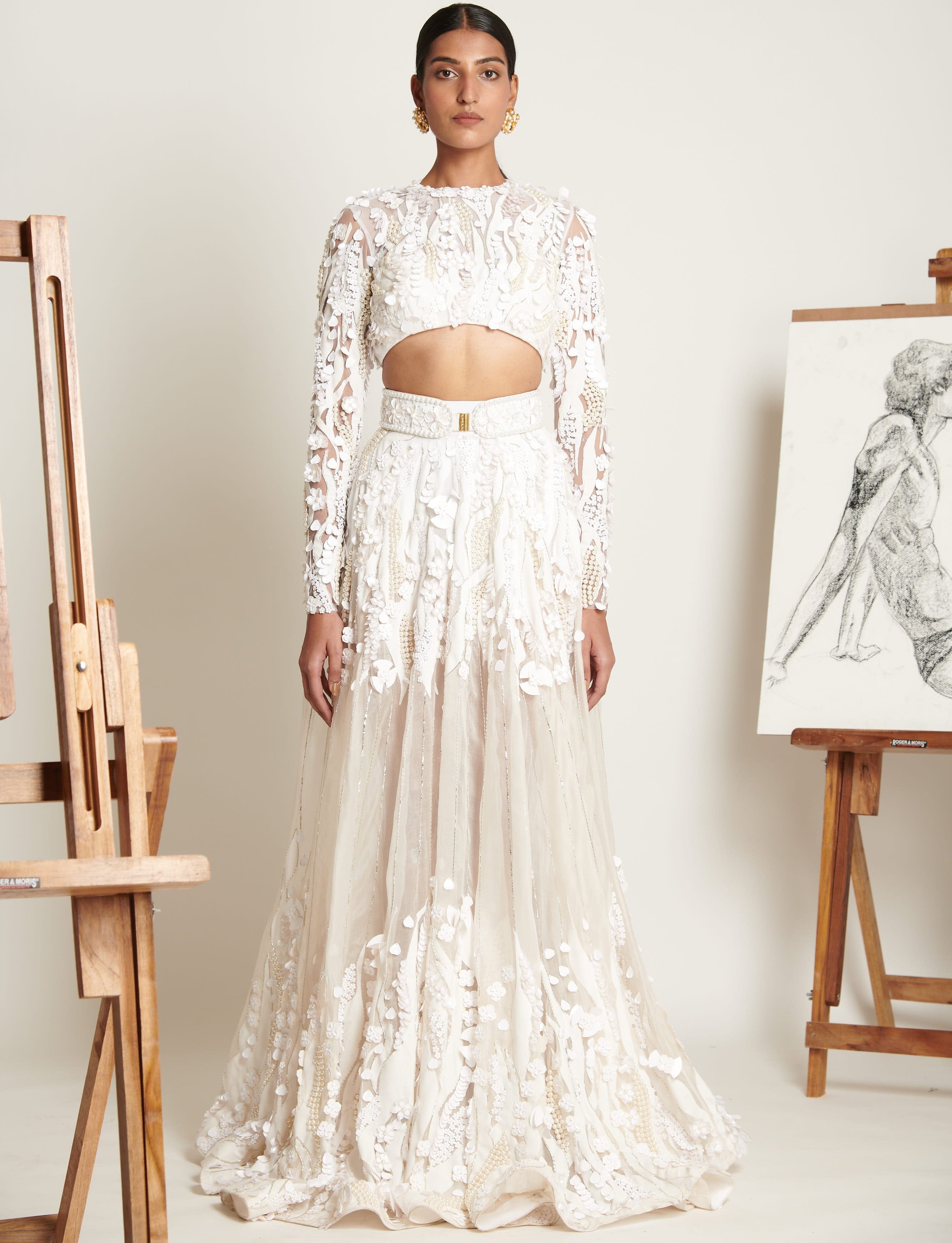 Ecru Floral Applique Blouse With Pearl Opalescent Lehenga By KYNAH, Luxury Indian Fashion & Bridal Wear