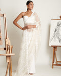 Ecru Floret Applique Tailored Sari With Ruched Bustier By KYNAH, Luxury Indian Fashion & Bridal Wear