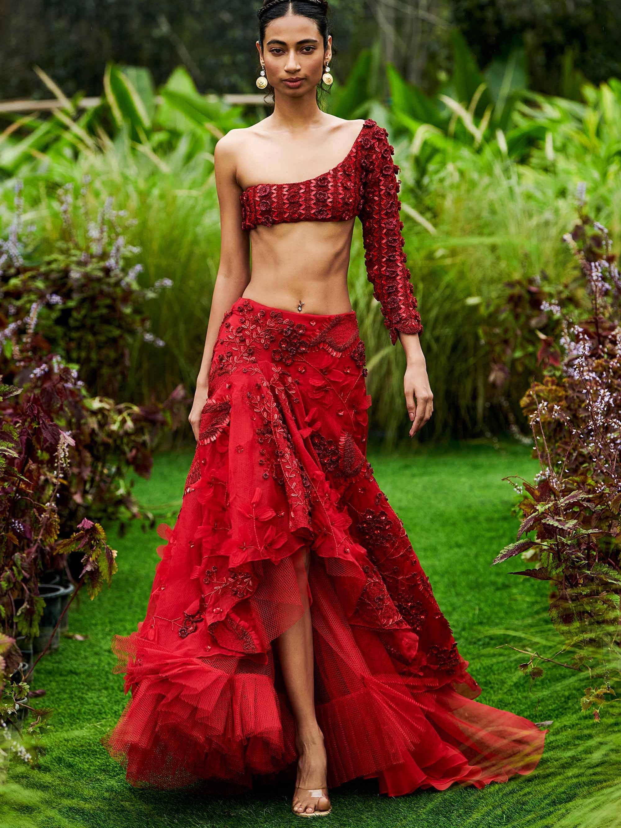 Vermillion Asymmetric Florescence Lehenga With Sequined Chevron Blouse By KYNAH, Luxury Indian Fashion & Bridal Wear