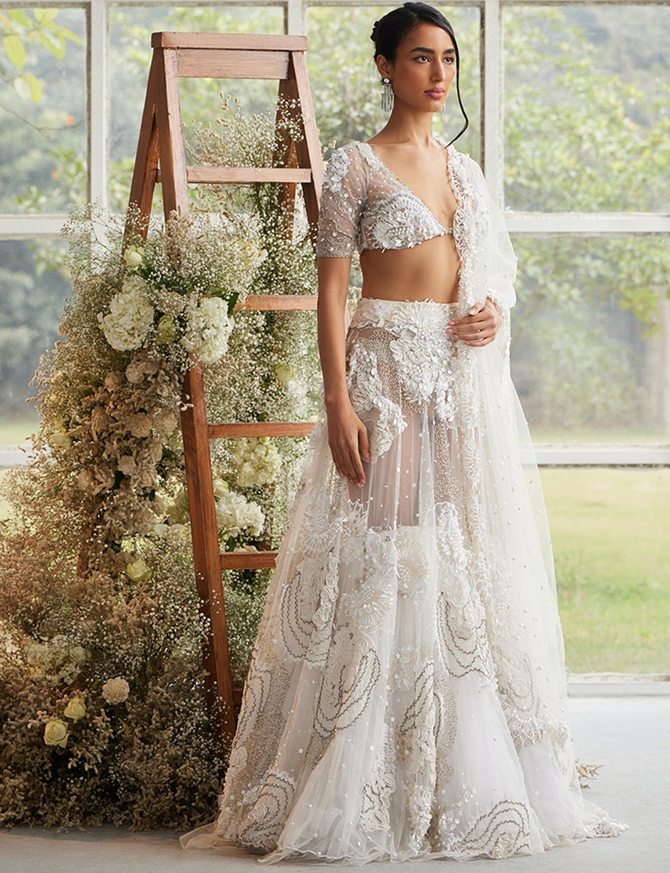 Ecru Iridescent Bloom Lehenga With Pearl Encrusted Veil By KYNAH, Luxury Indian Fashion & Bridal Wear
