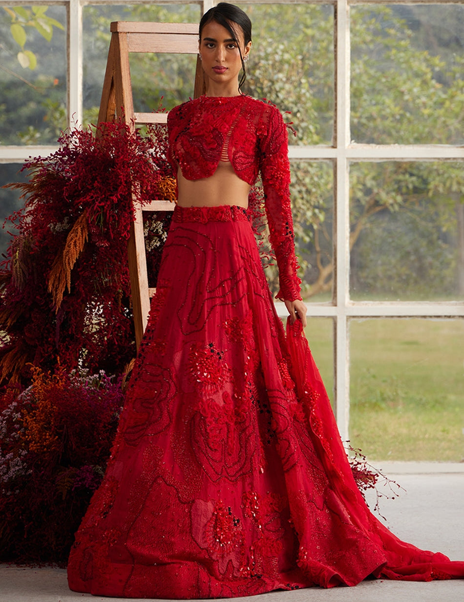 Crimson Glory Lehenga With Embellished Ruffle Veil By KYNAH, Luxury Indian Fashion & Bridal Wear