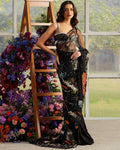 Onyx Rosa Applique Sari With Pearl-Drop Bustier By KYNAH, Luxury Indian Fashion & Bridal Wear