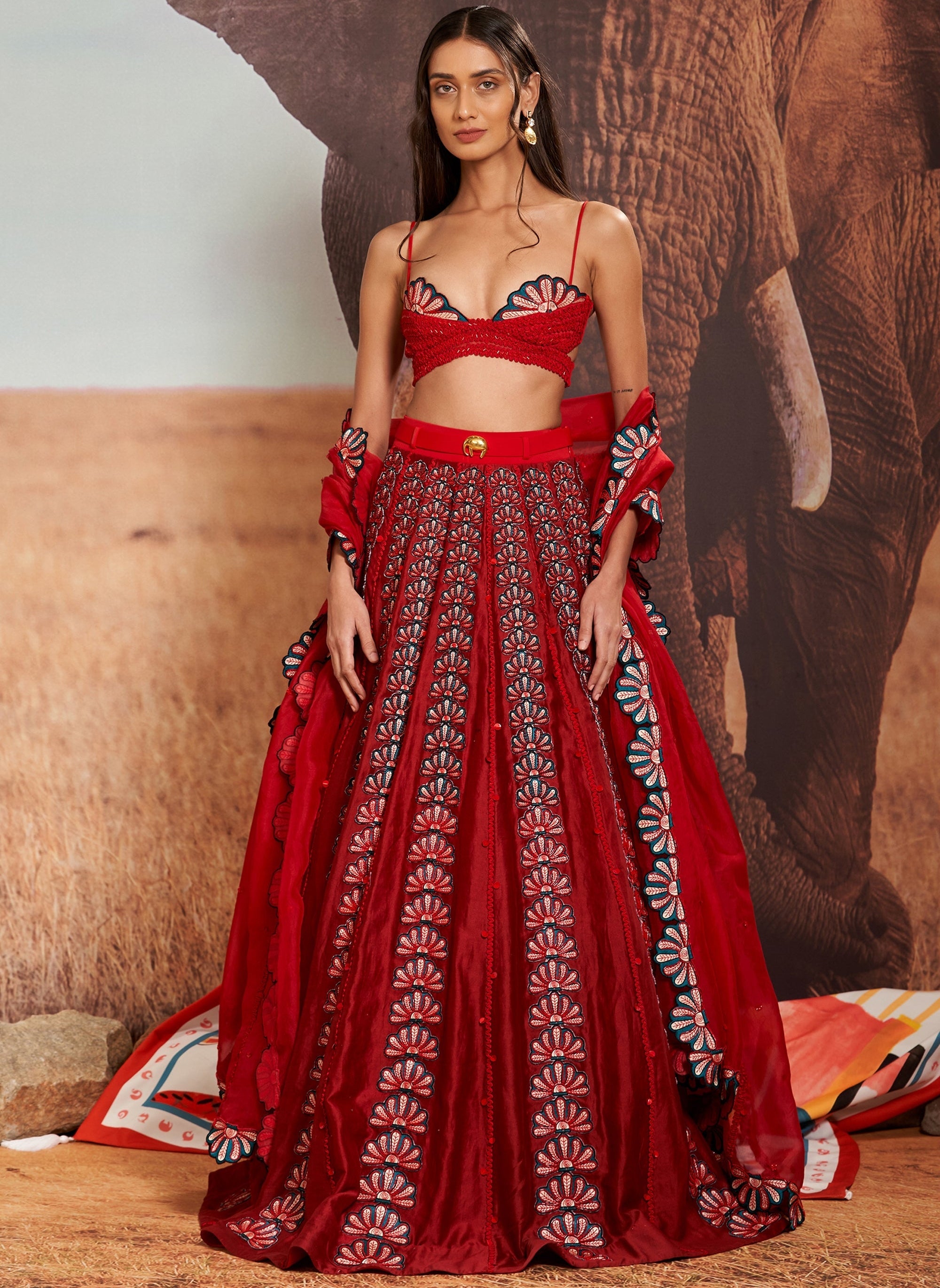 Geru Shellace Lehenga With Bustier By KYNAH, Luxury Indian Fashion & Bridal Wear