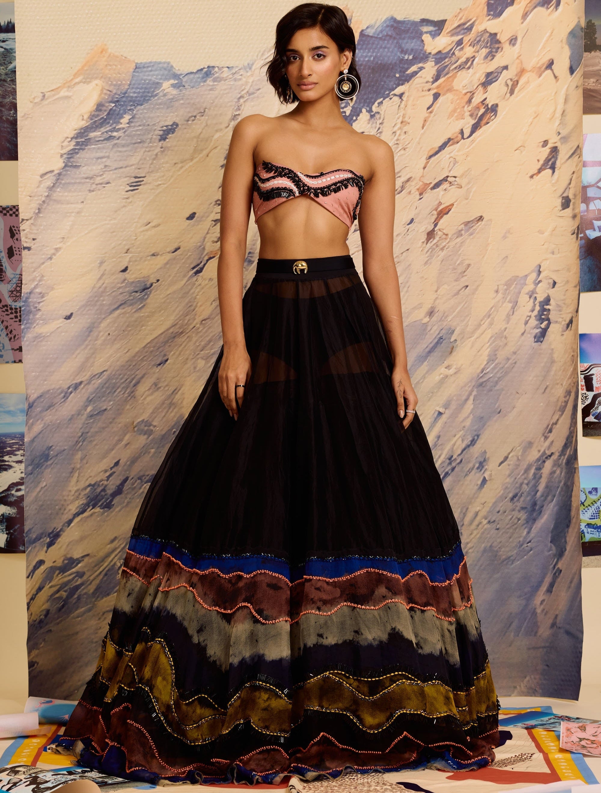 Noir Strokes Beaded Lehenga With Embellished Bustier By KYNAH, Luxury Indian Fashion & Bridal Wear
