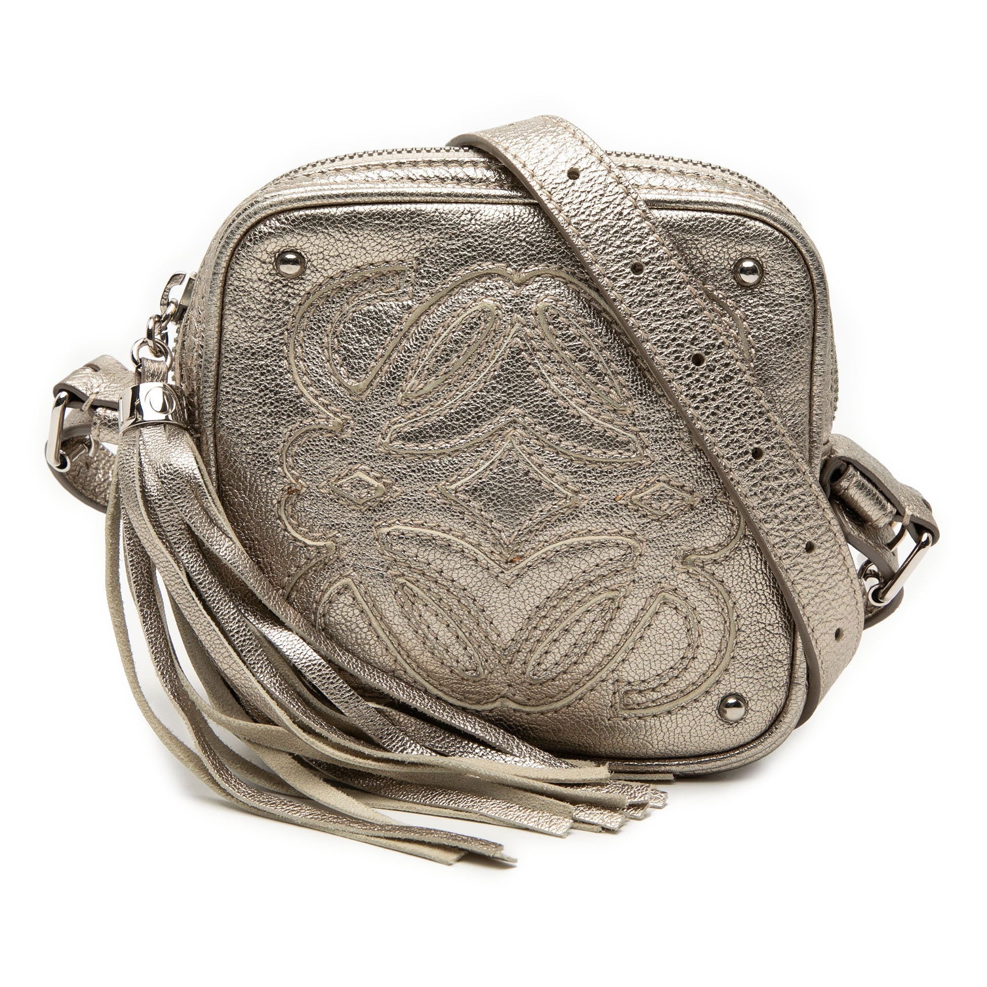 Mini Metallic Goatskin Anagram Tassel Crossbody