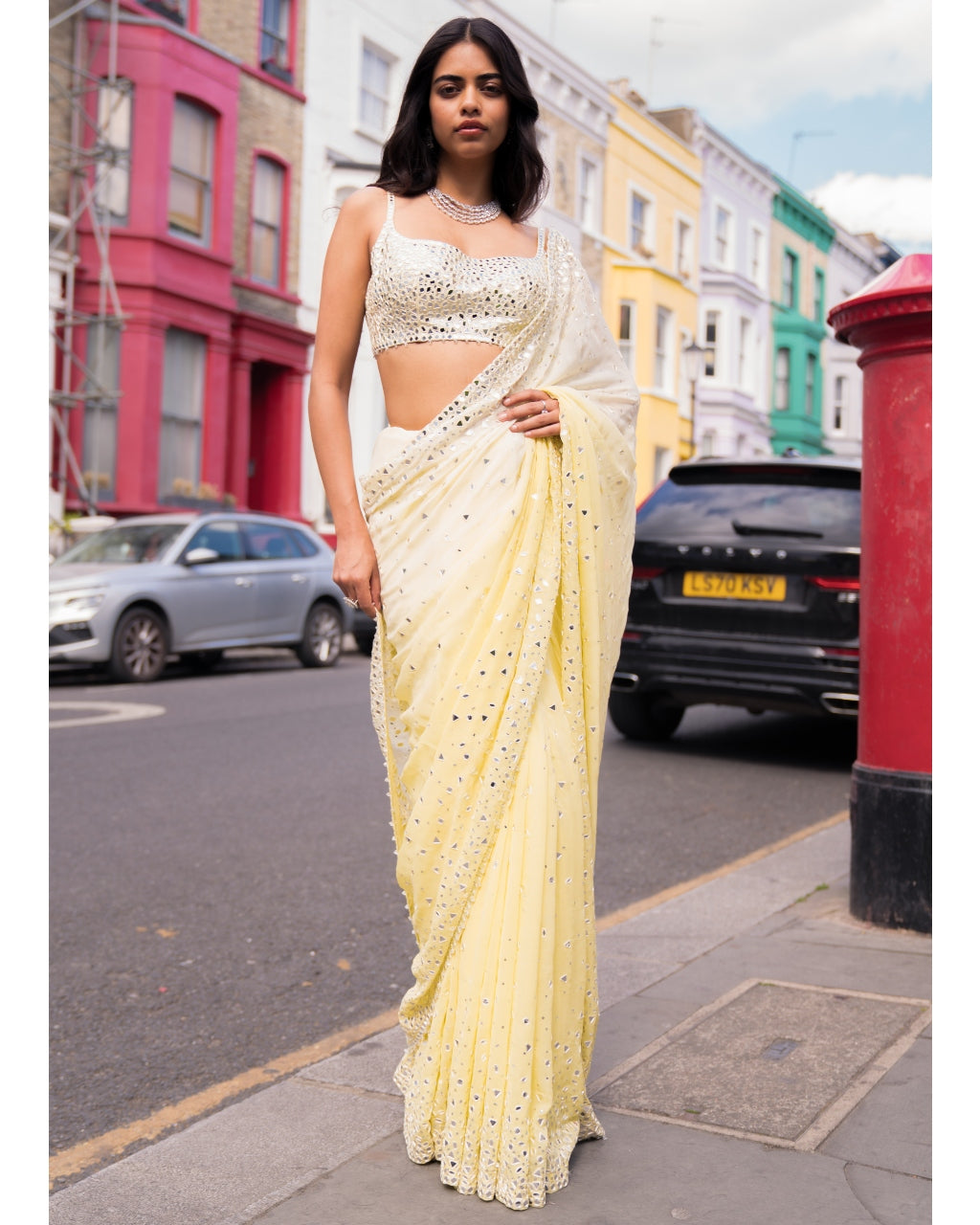 Ombre Lemon Mirror Work Sari Set By KYNAH, Luxury Indian Fashion & Bridal Wear
