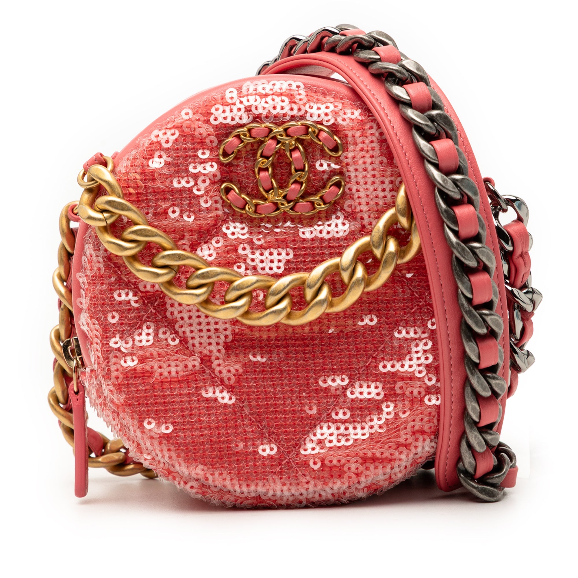 Sequin Lambskin 19 Round Clutch With Chain