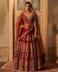 Anu Maroon Raw Silk Double Dupatta Lehenga Set By KYNAH, Luxury Indian Fashion & Bridal Wear