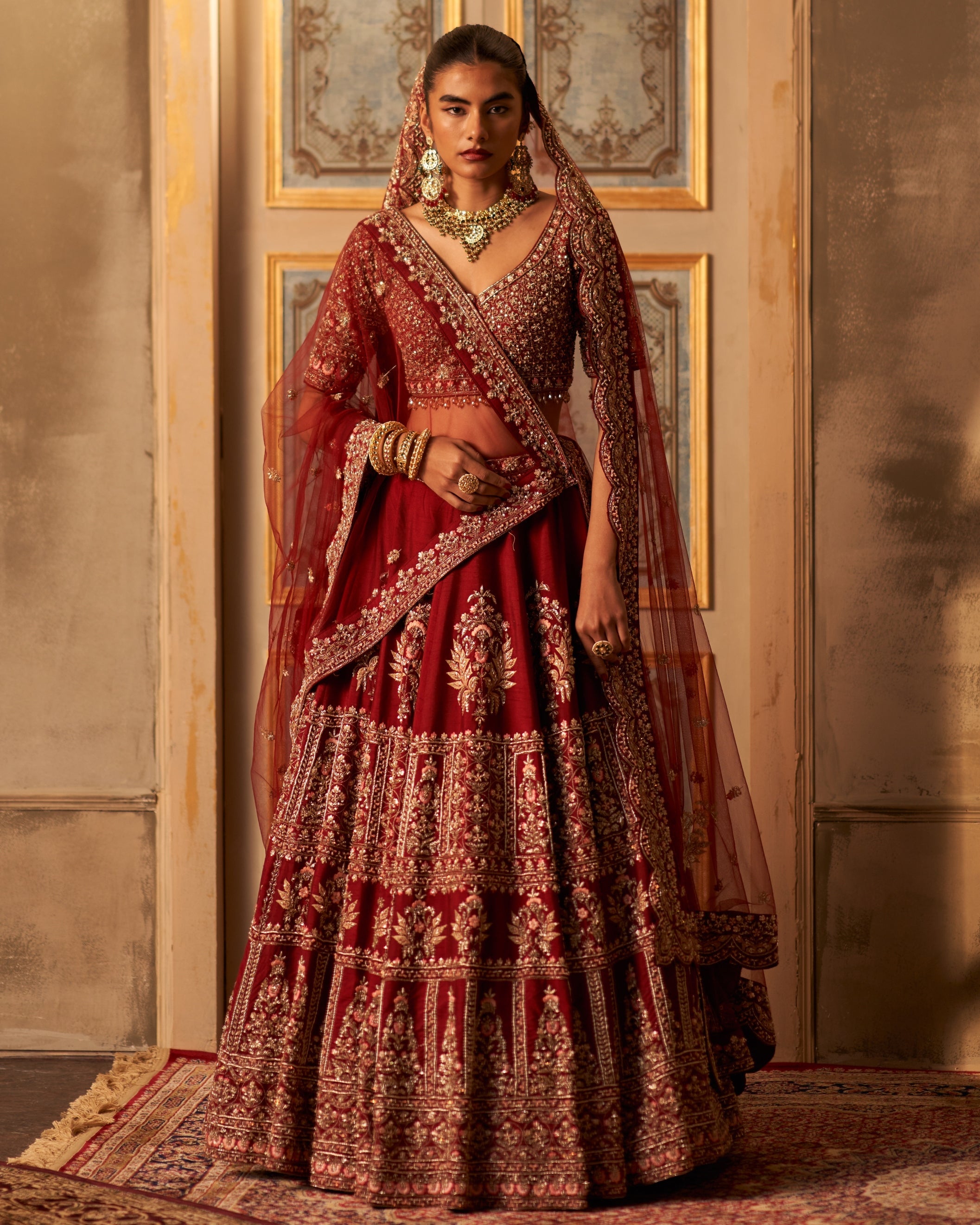 Anu Maroon Raw Silk Double Dupatta Lehenga Set By KYNAH, Luxury Indian Fashion & Bridal Wear