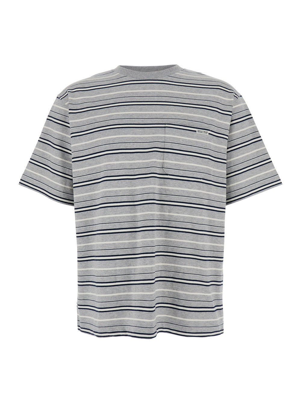 Grey Crewneck T-Shirt with All-Over Striped Motif in Cotton Man Tshirts And Polo Shirts