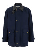Blue Jacket with Leather Collar and Welt Chest Pockets in Cotton Man Blu Outerwear