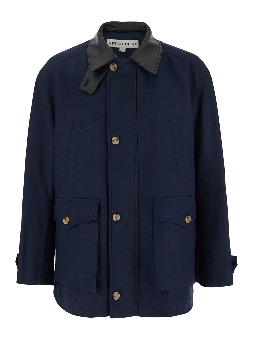 Blue Jacket with Leather Collar and Welt Chest Pockets in Cotton Man Blu Outerwear