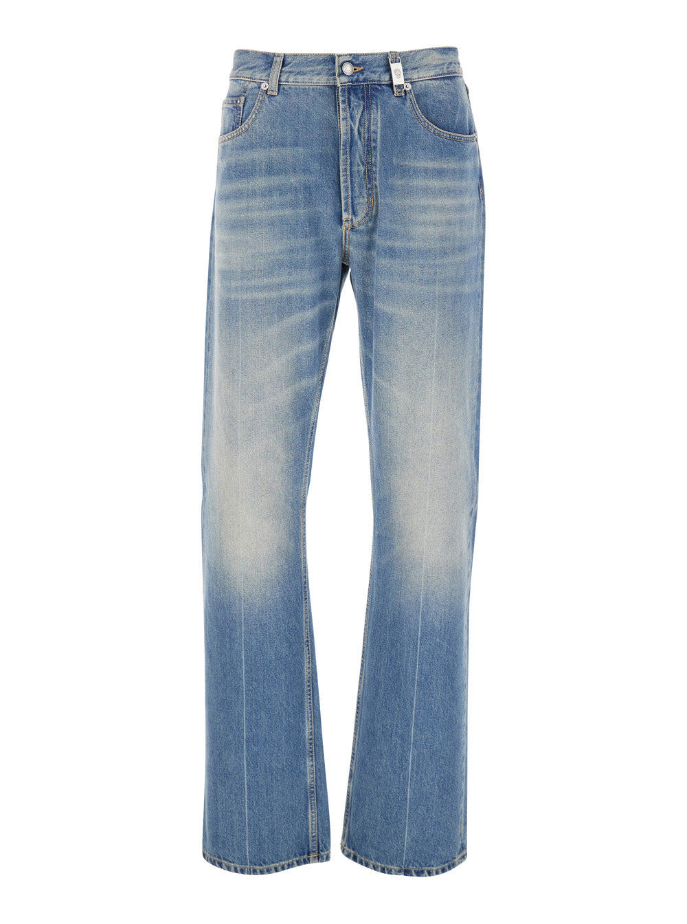 Blue High Waisted Jeans with Logo Detail on the Loop and Patch Rear in Denim Man Blu Cotton