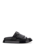Black Sandals with Brogue T-Buckle Decorative Strap in Leather Woman Calf Flat Shoes