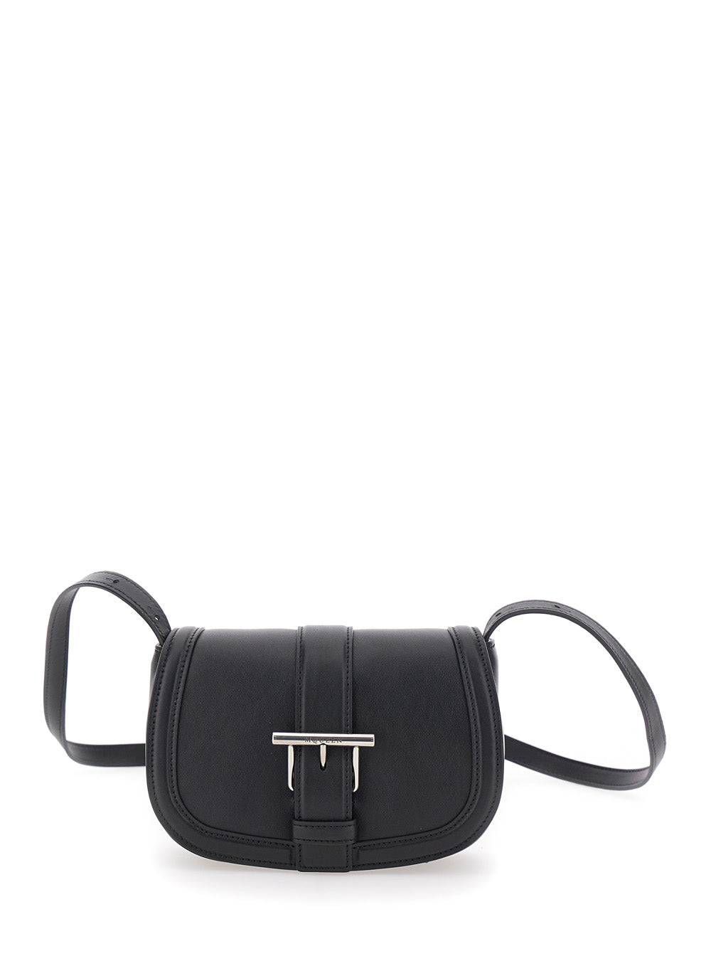 Satchel Mini Black Crossbody Bag with T-Buckle and Embossed Logo in Leather Woman 100 % Calf