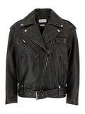 Antiqued Brown Biker Jacket with Wide Classic Lapels and Decentralized Zip Closure in Leather Woman Cow Outerwear