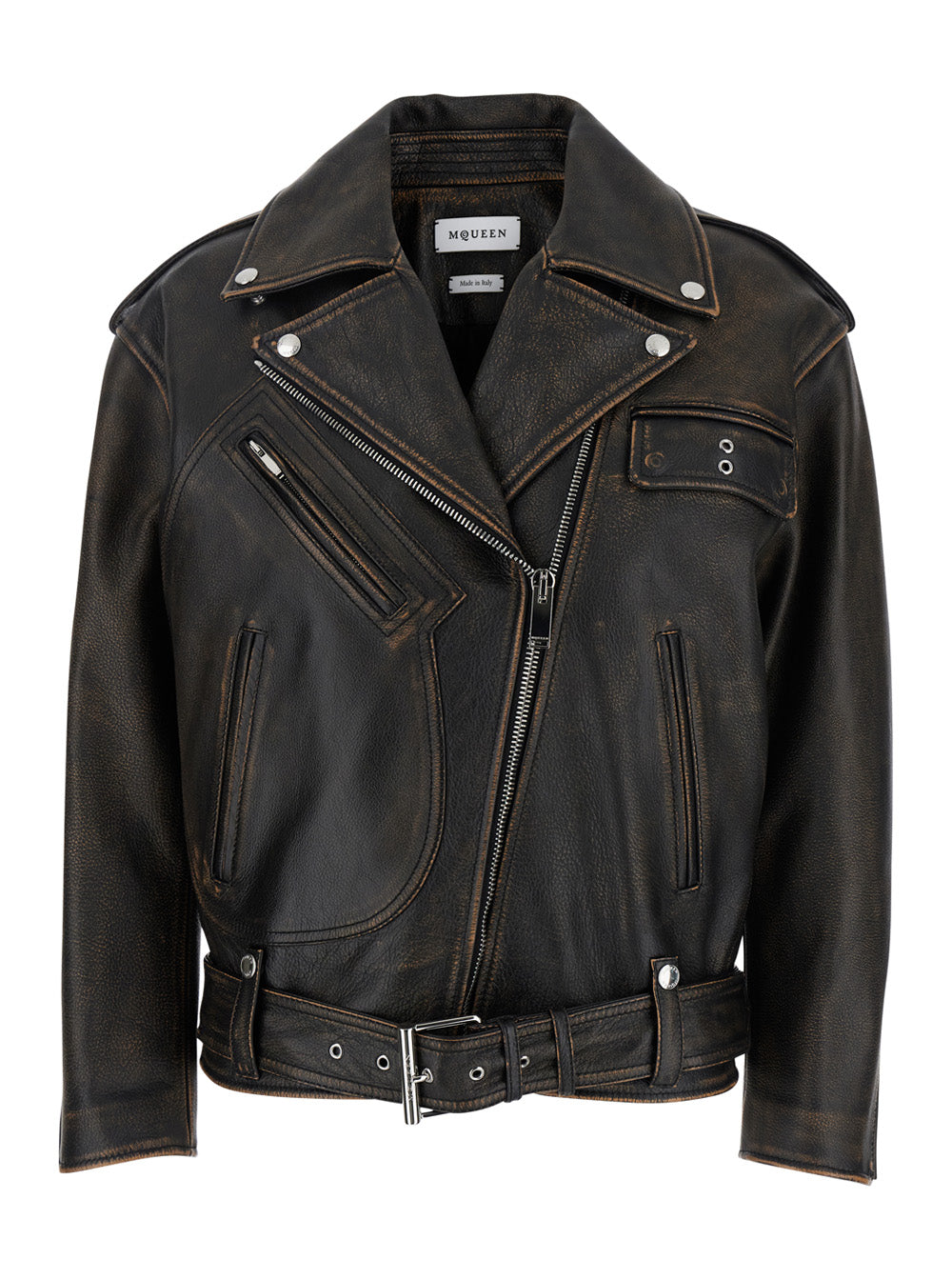 Antiqued Brown Biker Jacket with Wide Classic Lapels and Decentralized Zip Closure in Leather Woman Cow Outerwear
