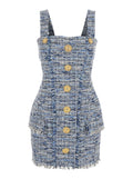 Blue Dress with Frayed Details in Tweed Woman Blu
