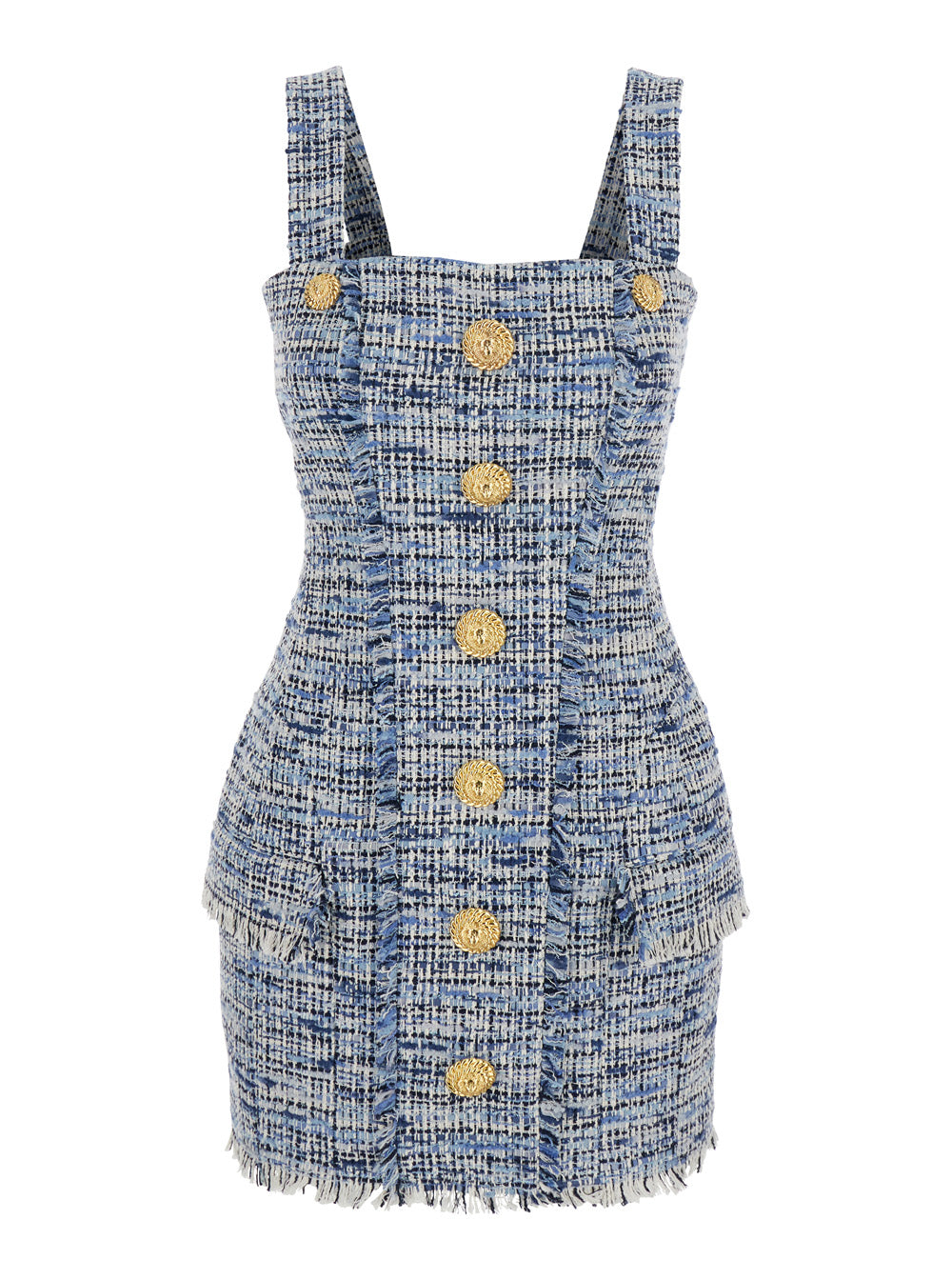 Blue Dress with Frayed Details in Tweed Woman Blu