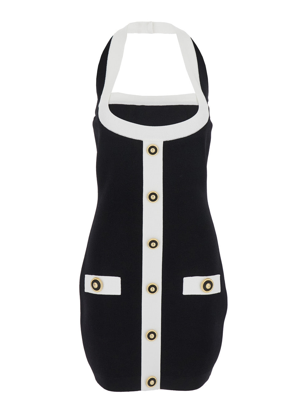 Black Dress with Square Neckline and Decorative Buttons in Viscose Blend Women Polyester