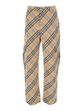 Beige Cargo Pants with Vintage Check Motif in Linen and Cotton Blend Man Elastane Trousers