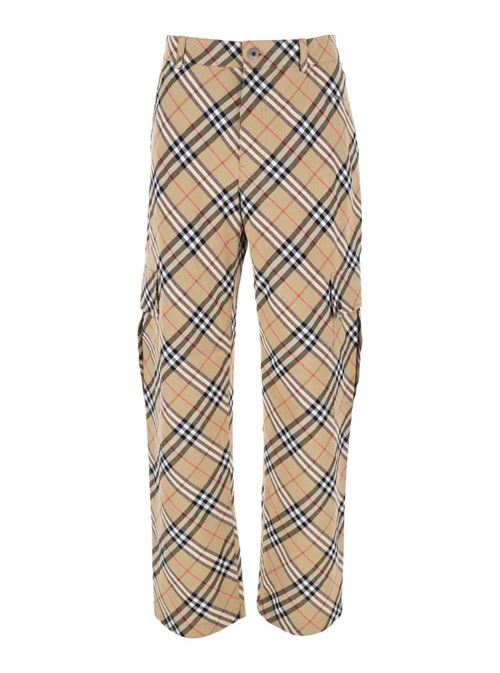 Beige Cargo Pants with Vintage Check Motif in Linen and Cotton Blend Man Elastane Trousers