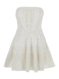 Clem White Dress with Flounce SKirt and All-Over Embroidery in Cotton Linen Blend Woman Polyester