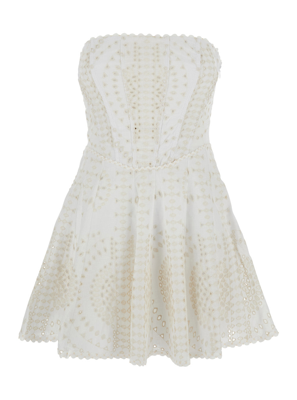 Clem White Dress with Flounce SKirt and All-Over Embroidery in Cotton Linen Blend Woman Polyester