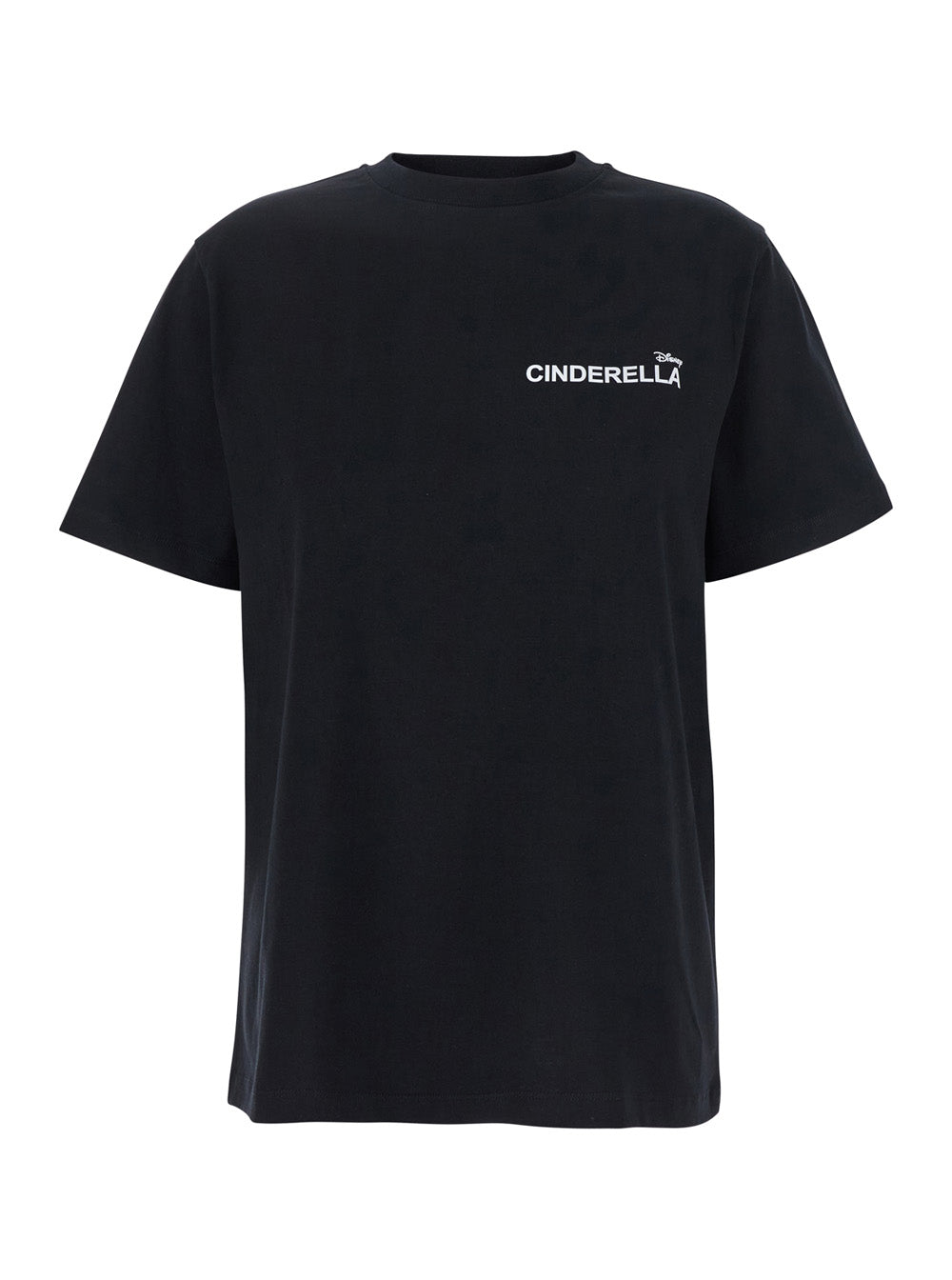 Cinderella Black T-Shirt with Logo Printed on the Front and Print Back in Cotton Woman Organic Tshirts Polo Shirts