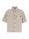 Olive Beige Shirt with Classic Collar in Cotton and Linen Blend Woman Blouses