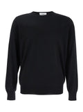 Black Round Neck Sweater with Long Sleeves in Wool and Silk Blend Man Kashmir Jersey