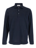 Blue Polo with Classic Collar and Long Sleeves in Cotton Silk Blend Man Blu Tshirts Shirts