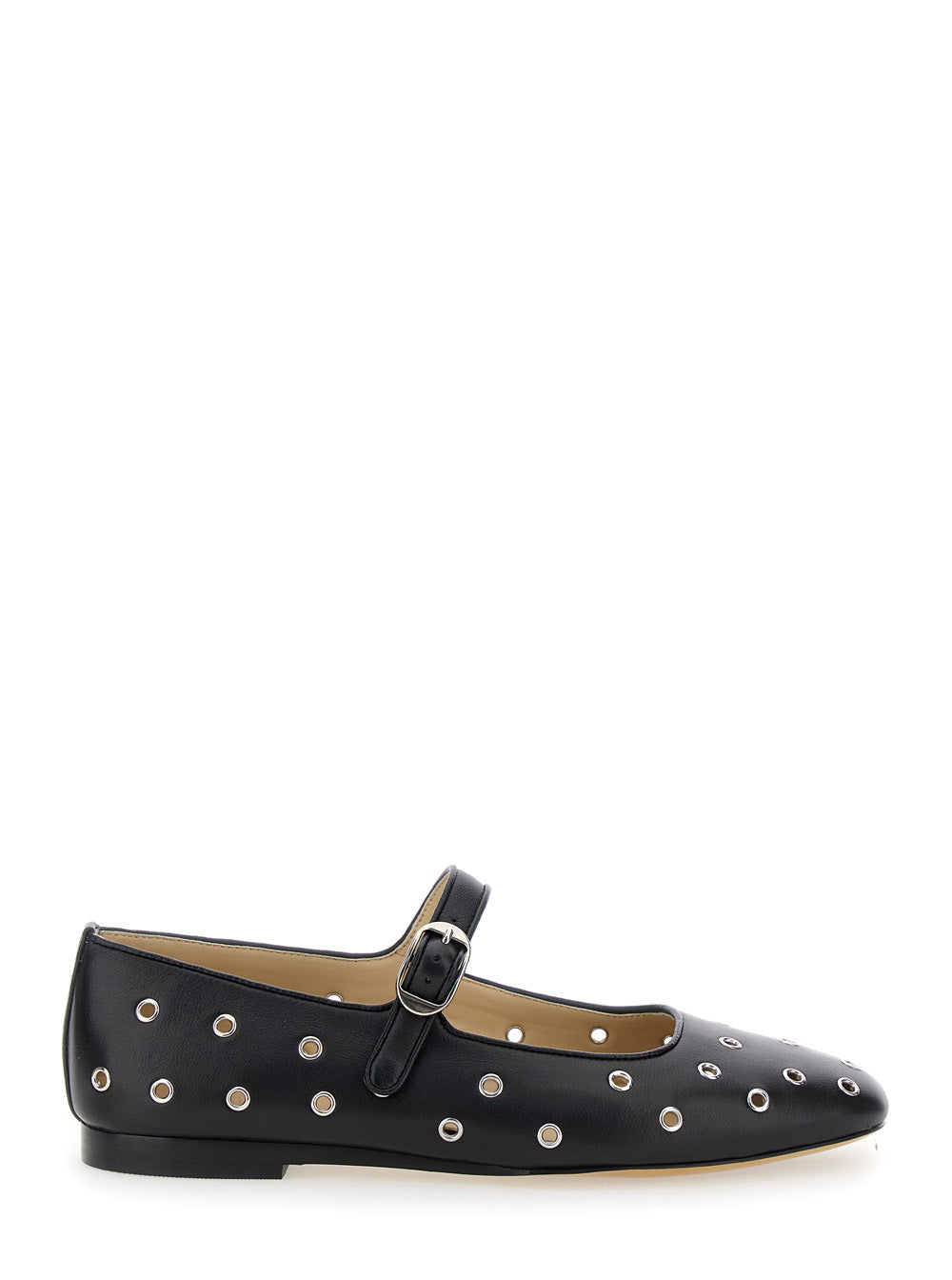 Mary Jane Black Ballerinas with Eyelets in Leather Woman Lamb
